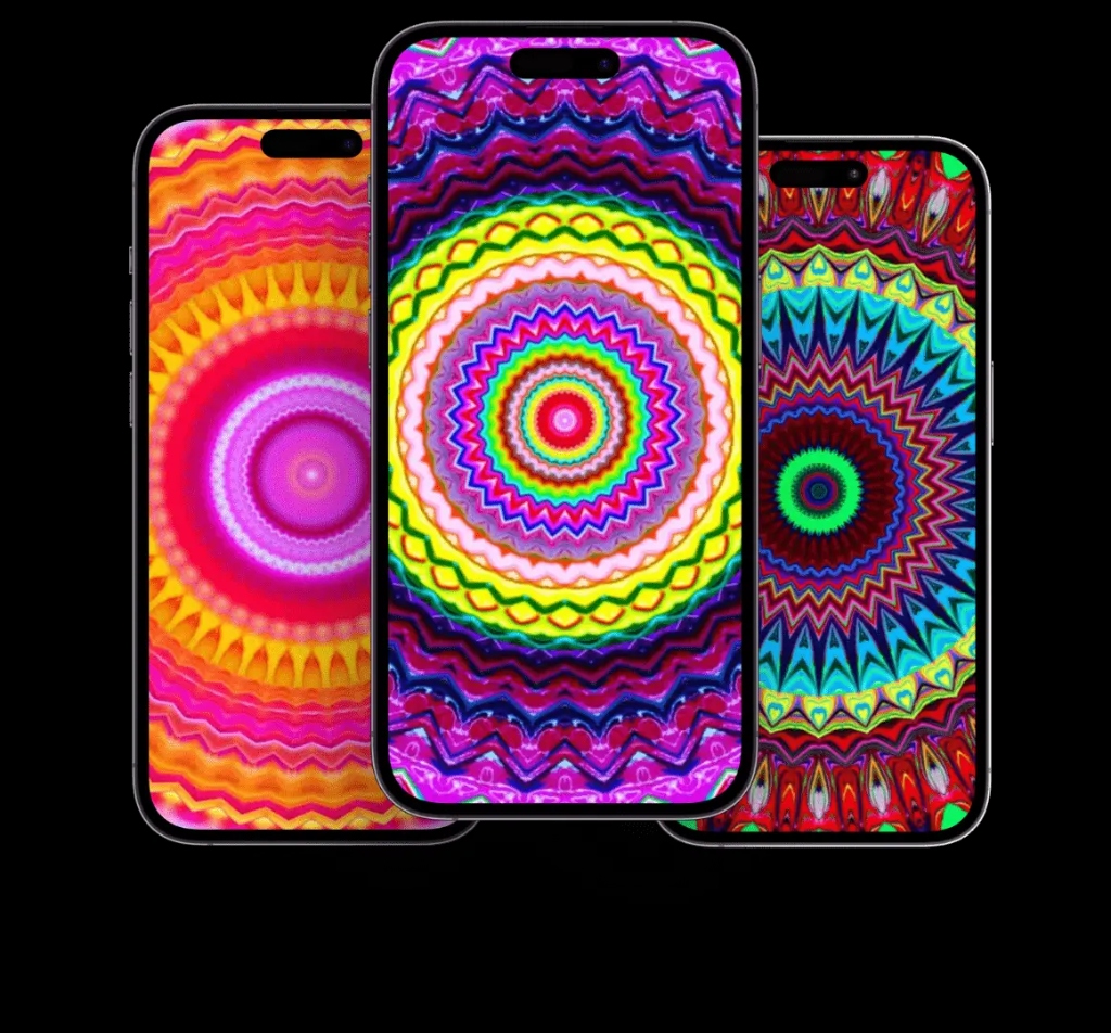 Mistikist Kaleidoscope Session: Three smartphones showing vibrant orange, purple, and blue light frequency mandalas